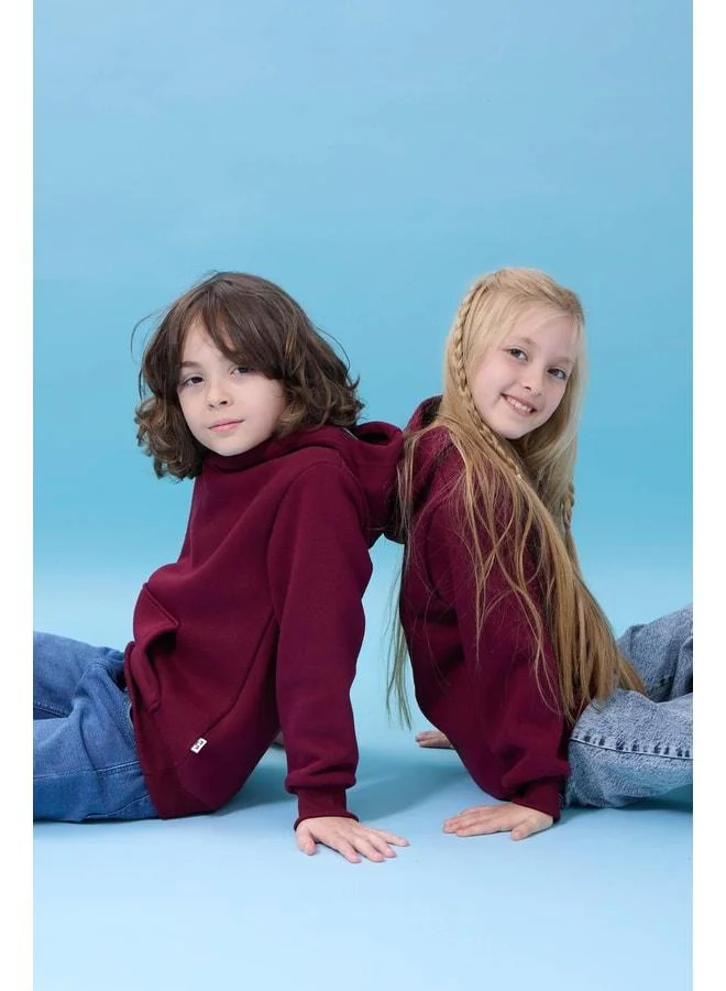 Perendi Unisex Hooded Kangaroo Pocket Ribbed Winter Sweatshirt - Burgundy.