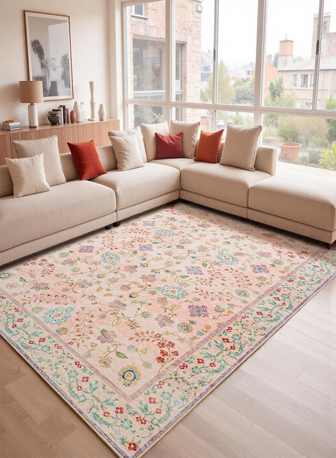 Goideal Pale Pink Nursery Rug, 5x7 Floral Washable Area Rug Non Slip, Boho Low Pile Carpet with Rubber Backing for Bedroom Living Room Bathroom Playroom Entryway Office - Image 2