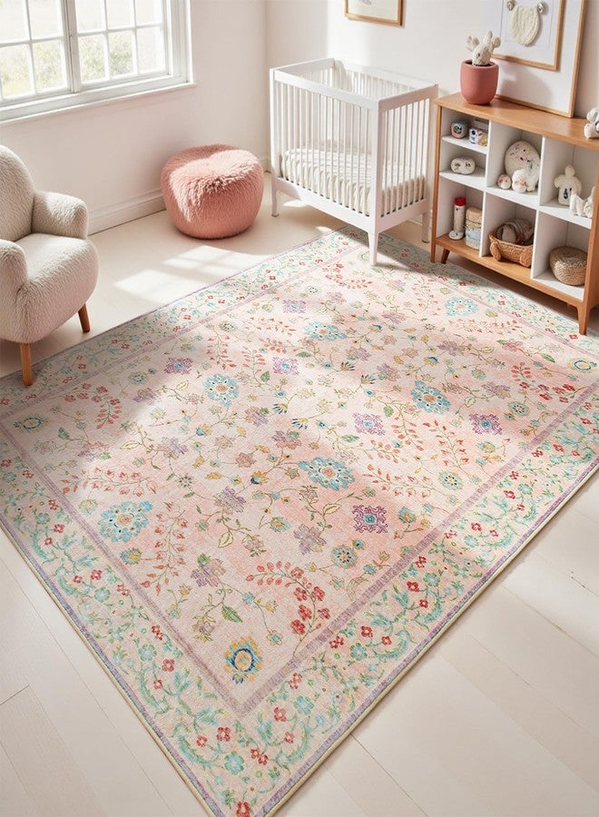 Goideal Pale Pink Nursery Rug, 5x7 Floral Washable Area Rug Non Slip, Boho Low Pile Carpet with Rubber Backing for Bedroom Living Room Bathroom Playroom Entryway Office - Image 1