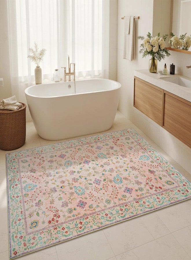 Goideal Pale Pink Nursery Rug, 5x7 Floral Washable Area Rug Non Slip, Boho Low Pile Carpet with Rubber Backing for Bedroom Living Room Bathroom Playroom Entryway Office - Image 5