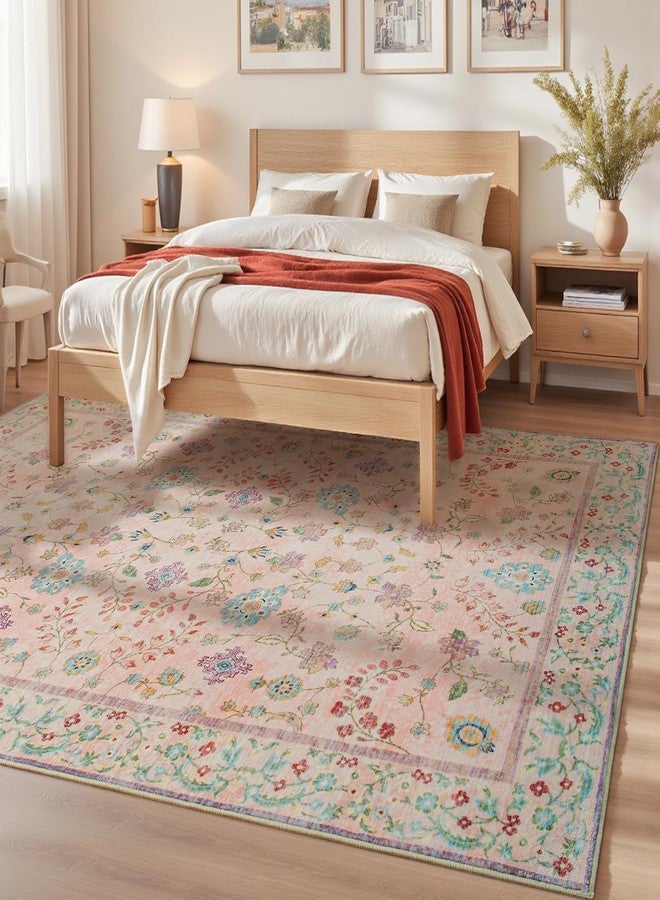 Goideal Pale Pink Nursery Rug, 5x7 Floral Washable Area Rug Non Slip, Boho Low Pile Carpet with Rubber Backing for Bedroom Living Room Bathroom Playroom Entryway Office - Image 3