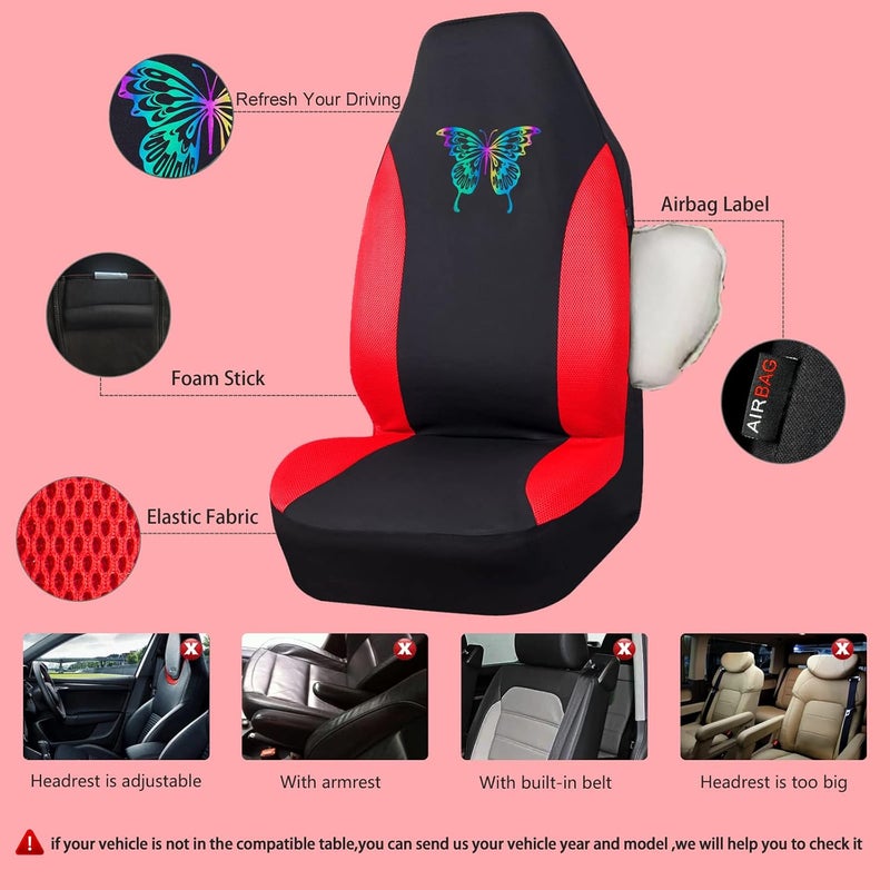 CAR PASS Red 3D Air Mesh Front Seat Covers with Reflective Colorful Butterfly Design, Airbag Compatible, Universal Fit for Cars, Trucks, SUVs - Image 3