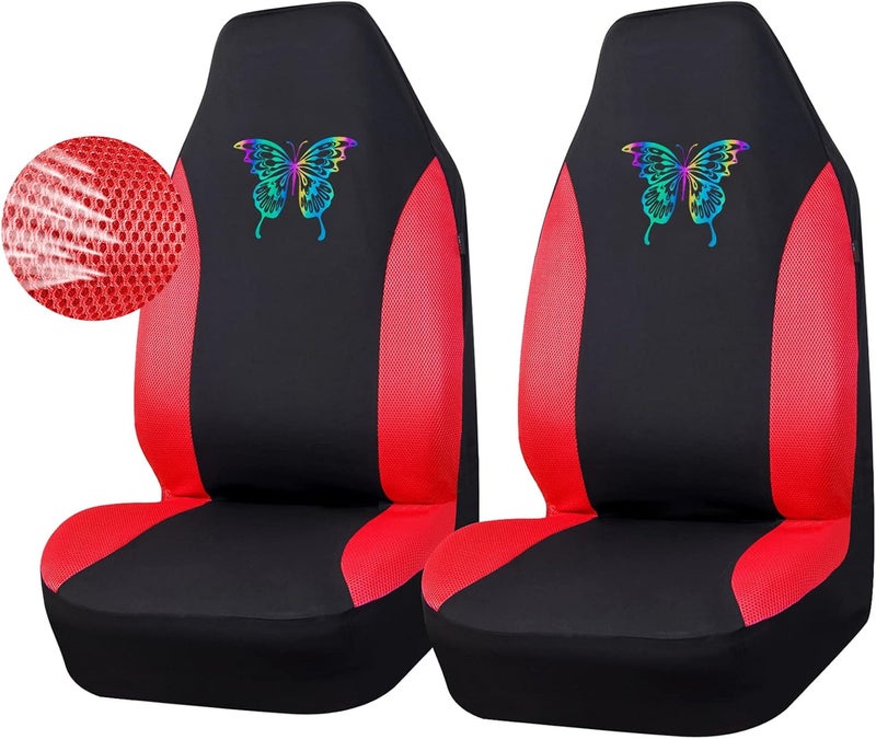 CAR PASS Red 3D Air Mesh Front Seat Covers with Reflective Colorful Butterfly Design, Airbag Compatible, Universal Fit for Cars, Trucks, SUVs - Image 1
