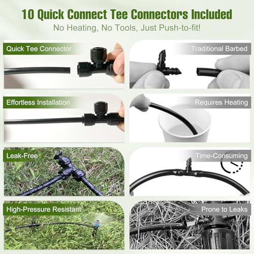 Spalolen 100FT 1/4 Inch Drip Irrigation Tubing with 10 Pack Push-to-Connect 1/4" Tee Connectors, Distribution Drip Line Hose & Universal Tee Fitting, for Drip Irrigation Parts or Drip System and Misting System - Image 3