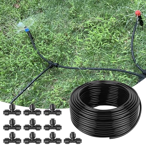 Spalolen 100FT 1/4 Inch Drip Irrigation Tubing with 10 Pack Push-to-Connect 1/4" Tee Connectors, Distribution Drip Line Hose & Universal Tee Fitting, for Drip Irrigation Parts or Drip System and Misting System - Image 1