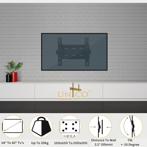 UNICO Universal Tilting Wall Mount Heavy Duty Stand for LCD/LED/Plasma TV Stand – 14″ to 42″ Screen : VESA 100 X100 to 200X200 +/-15 Degree TV Wall Mount - Image 3