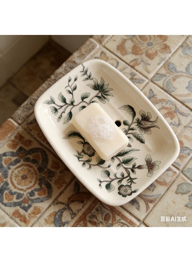 bbet Ceramic Soap Dish with Self Draining Hole, Elegant Floral Pattern, Bathroom Accessories - Image 2