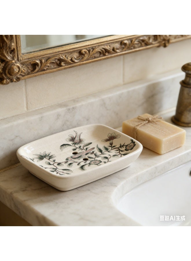 bbet Ceramic Soap Dish with Self Draining Hole, Elegant Floral Pattern, Bathroom Accessories - Image 1