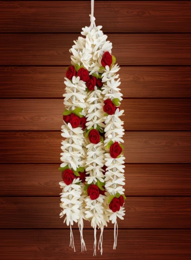 KLASSIE STORES Artificial Mogra Gajra for Hair Bun | White Jasmine Flower + Red Roses Flower Juda Accessories for Women, Girls | Fabric Gajra for Bridal, Party, Wedding, Festive Hairstyles (Pack of 2) - Image 1
