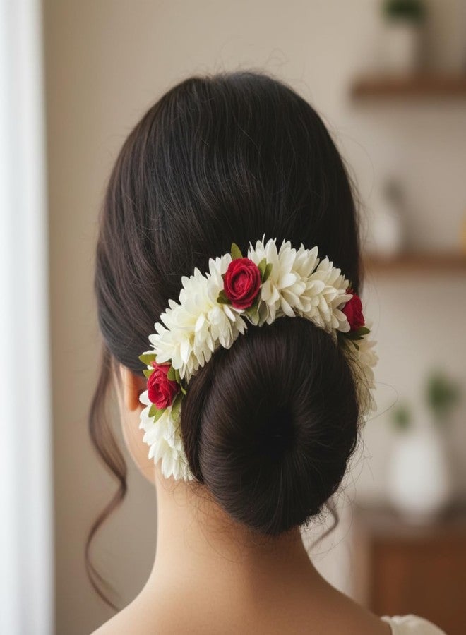 KLASSIE STORES Artificial Mogra Gajra for Hair Bun | White Jasmine Flower + Red Roses Flower Juda Accessories for Women, Girls | Fabric Gajra for Bridal, Party, Wedding, Festive Hairstyles (Pack of 2) - Image 2