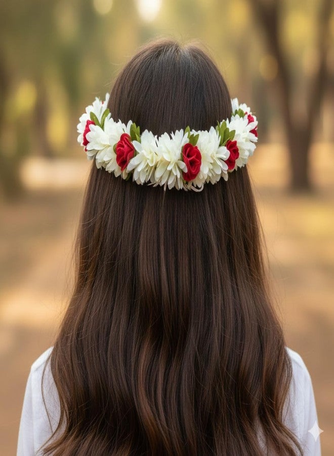 KLASSIE STORES Artificial Mogra Gajra for Hair Bun | White Jasmine Flower + Red Roses Flower Juda Accessories for Women, Girls | Fabric Gajra for Bridal, Party, Wedding, Festive Hairstyles (Pack of 2) - Image 5
