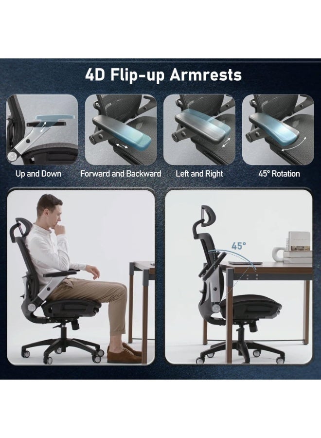 Comfortable mesh office chair with footrest, high back, headrest, 4D adjustable armrests, adjustable lumbar support and tilt up to 120°, gray - Image 4