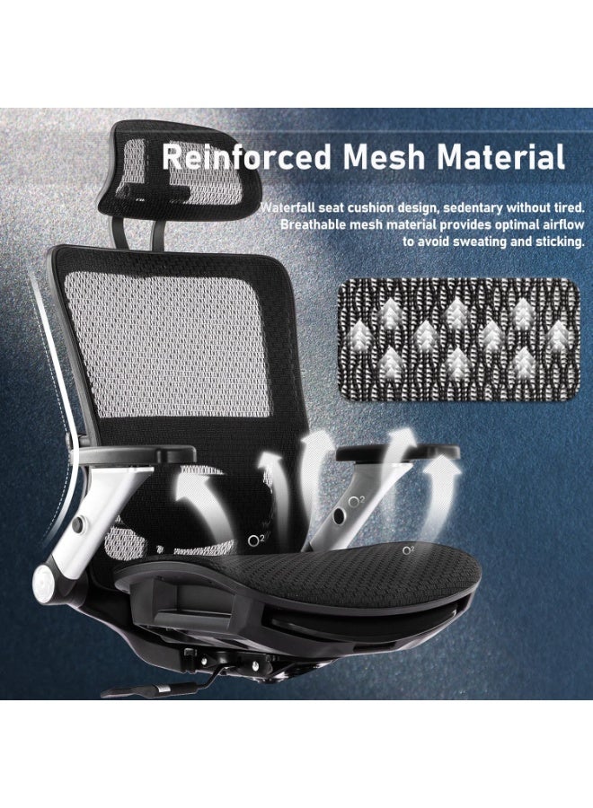 Comfortable mesh office chair with footrest, high back, headrest, 4D adjustable armrests, adjustable lumbar support and tilt up to 120°, gray - Image 3