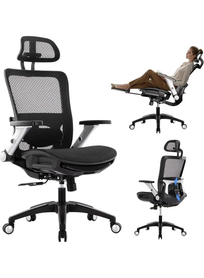 Comfortable mesh office chair with footrest, high back, headrest, 4D adjustable armrests, adjustable lumbar support and tilt up to 120°, gray - Image 1