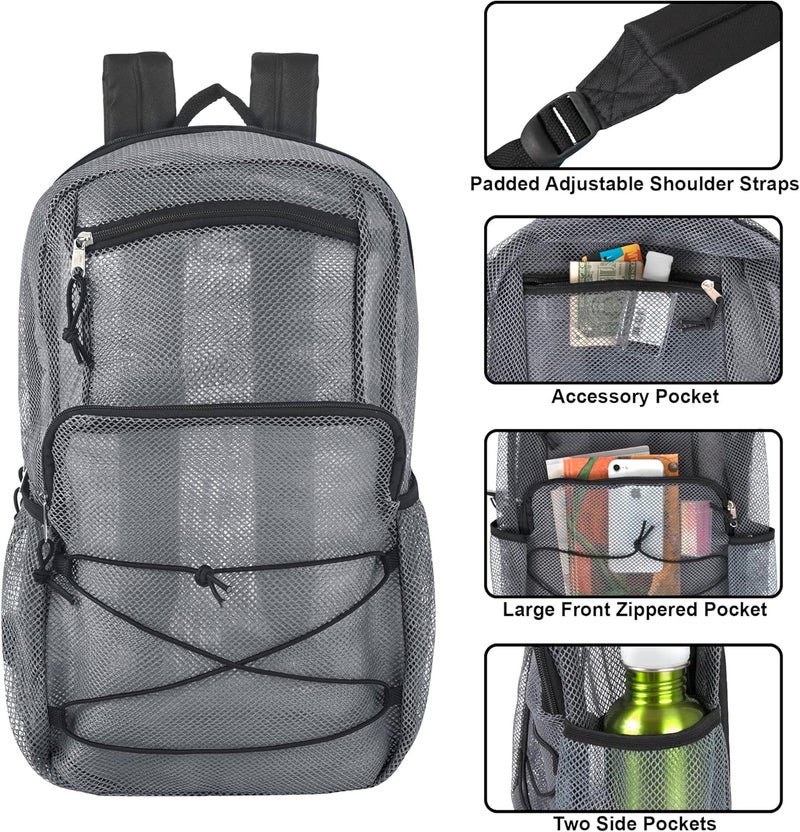 Trailmaker Deluxe See Through Mesh Backpack with Bungee Cord & Adjustable Padded Straps for Swimming, Travel (Grey) - Image 2