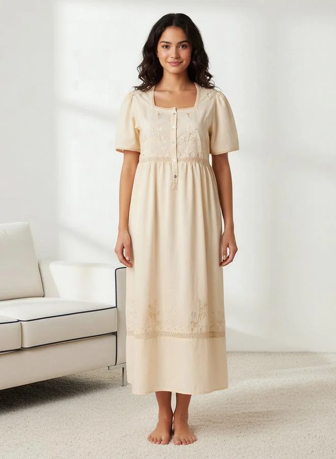 سبلاش فيڤ فستان نوم قطني بأكمام قصيرة وتطريز