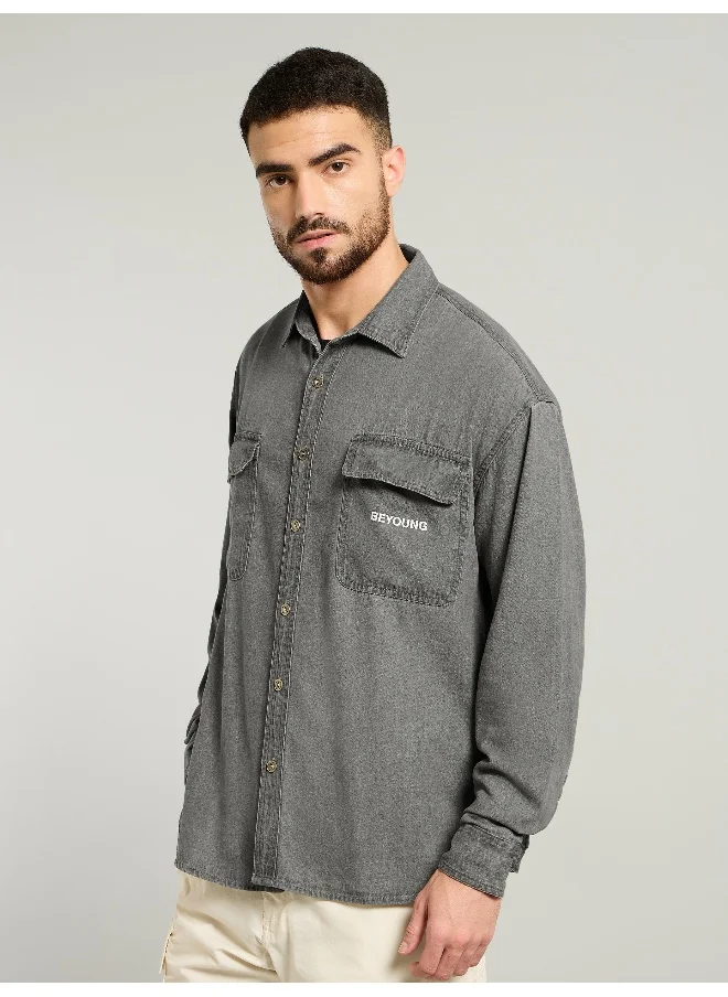 Beyoung Light Grey Dual Pocket Denim Shirt