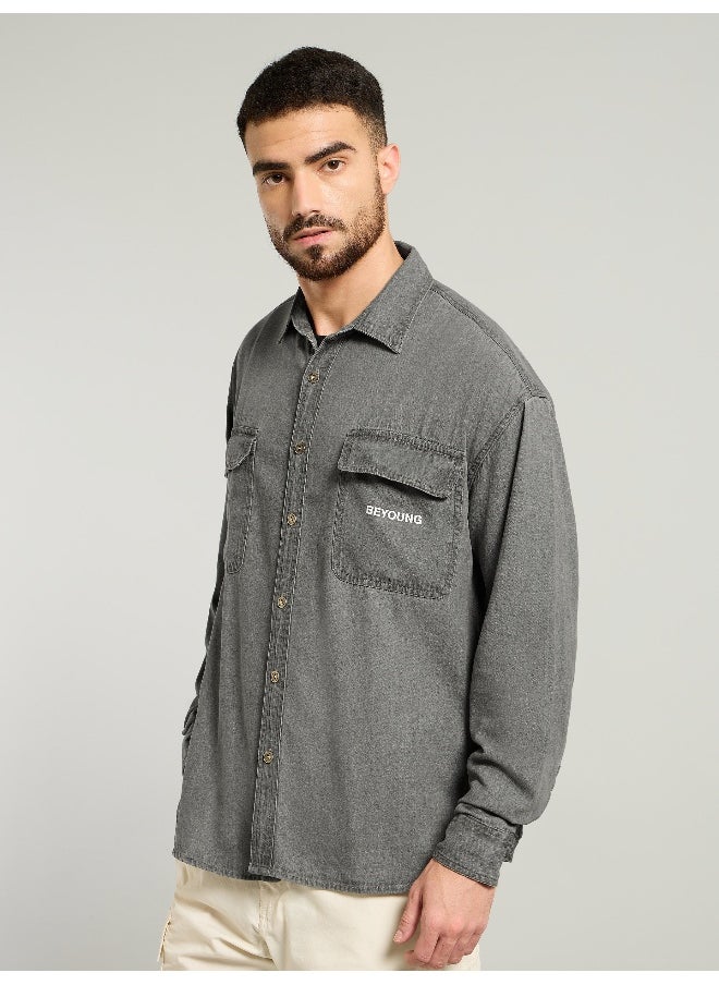 Beyoung - Light Grey Dual Pocket Denim Shirt - Image 1