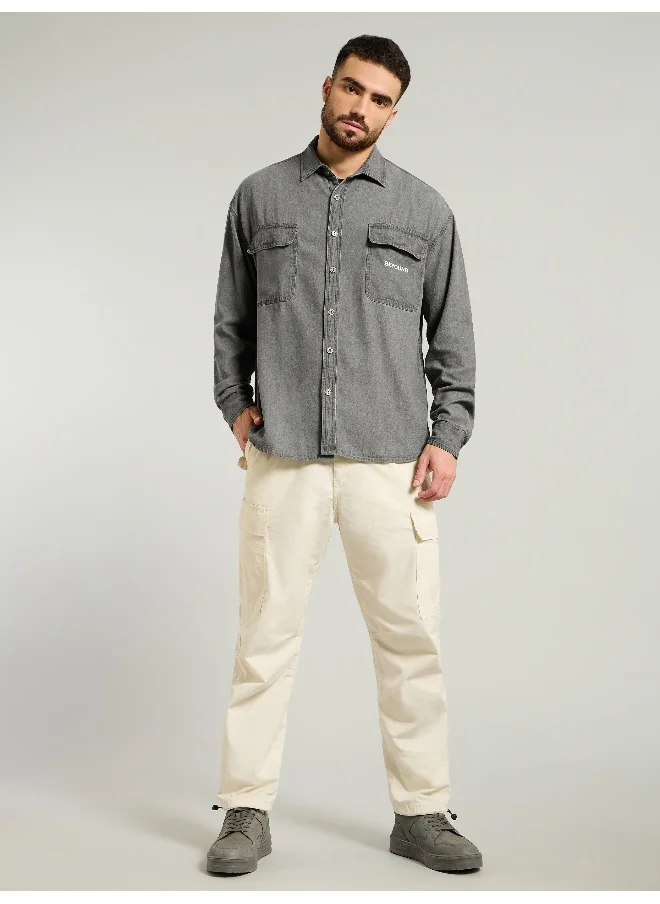 Beyoung Light Grey Dual Pocket Denim Shirt