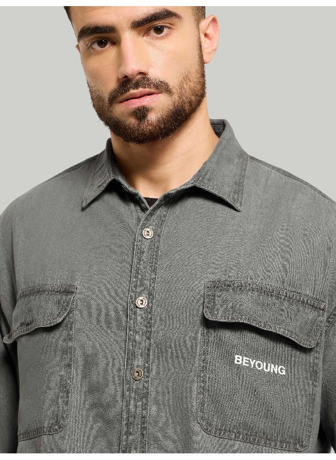 Beyoung - Light Grey Dual Pocket Denim Shirt - Image 1