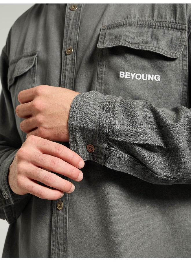 Beyoung - Light Grey Dual Pocket Denim Shirt - Image 1
