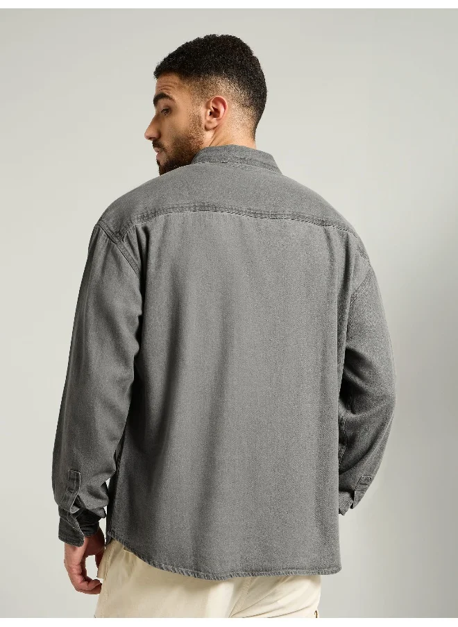 بيونغ Light Grey Dual Pocket Denim Shirt