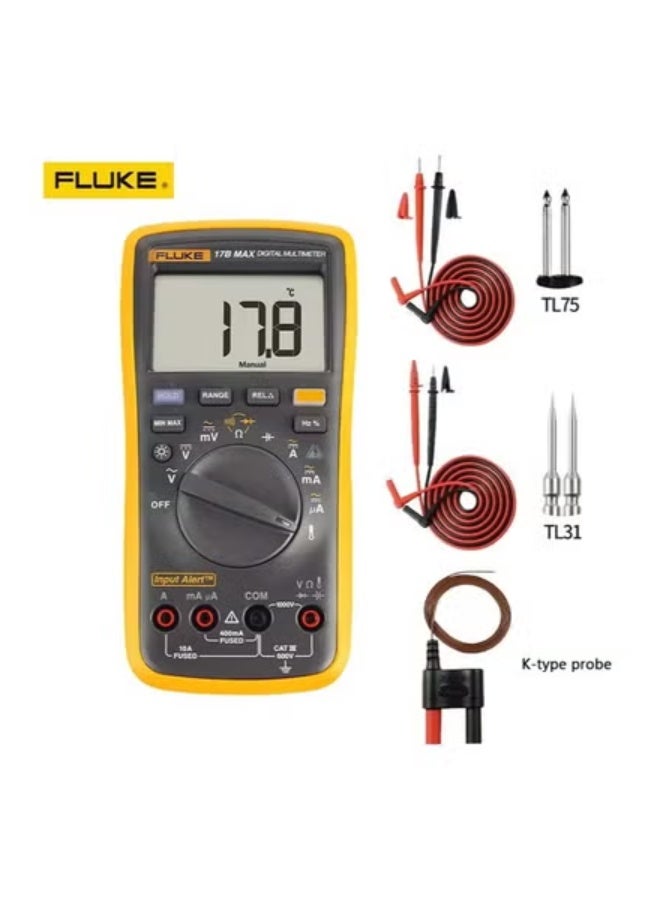 فلوك جهاز القياس المتعدد الرقمي FLUKE 17B MAX KIT - حزمة اختبار كاملة مع أسلاك TL31 دقيقة الطرف، وأسلاك TL75 القياسية، ومسبار درجة الحرارة