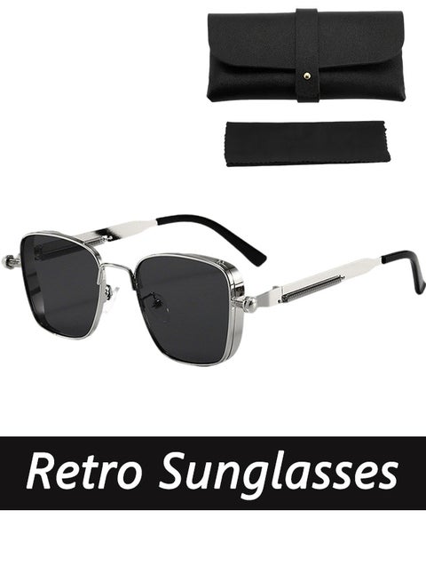 Retro Cool Steampunk Sunglasses Silvery Square Metal Frame Fashion Glasses For Men Women Outdoor Sports,comes with a glasses case and a glasses cleaning cloth