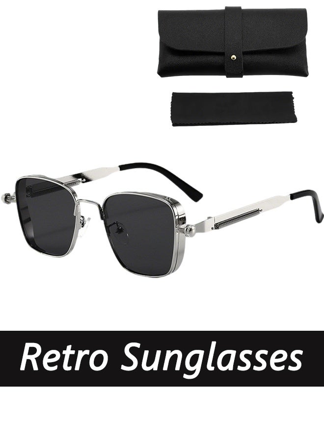Generic Retro Cool Steampunk Sunglasses Silvery Square Metal Frame Fashion Glasses For Men Women Outdoor Sports,comes with a glasses case and a glasses cleaning cloth  - Image 1
