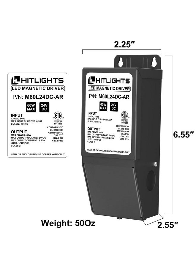 هيتلايتس محول تشغيل LED قابل للتعتيم من HitLights، 24 فولت 60 واط، مزود طاقة مغناطيسي من 120 فولت تيار متردد إلى 24 فولت تيار مستمر، متوافق مع مخفتات Lutron وLeviton، لشرائط إضاءة LED، للمطبخ، والخزانة، من الفئة 2، مدرج في قائمة ETL  - Image 3