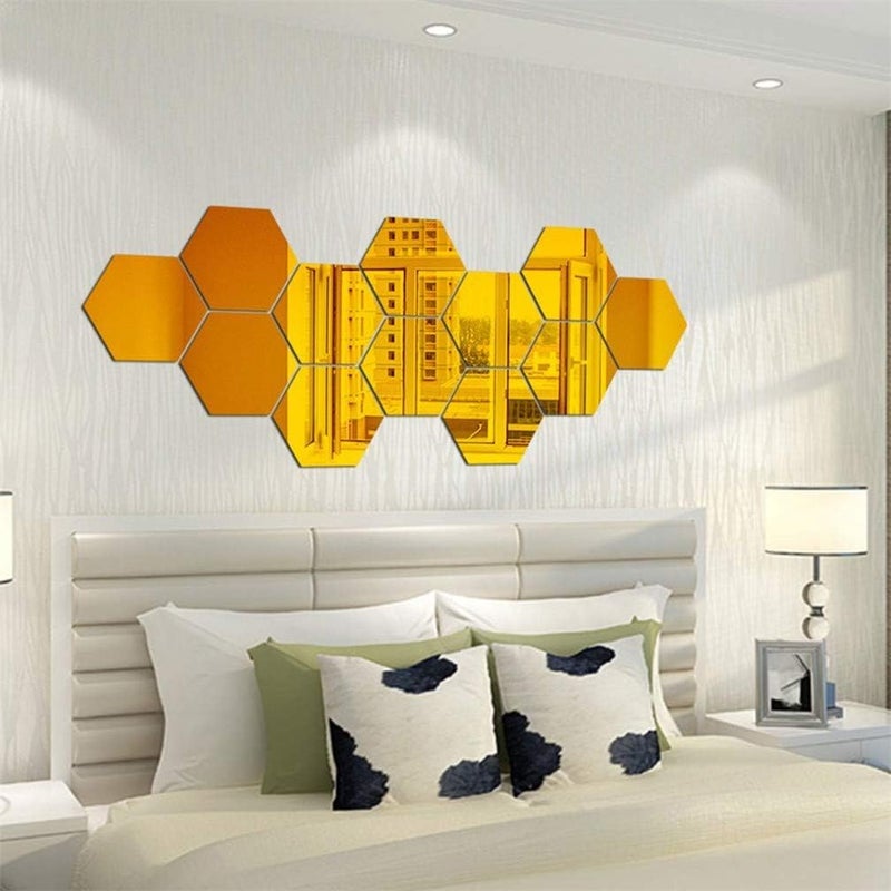 Price Xes Hexagon Mirror Wall Stickers, 12PCS Mirror Art DIY Home Decorative 3D Hexagonal Acrylic Mirror Wall Sheet Plastic Mirror Tiles for Home Living Room Bedroom Sofa TV Setting Wall Decoration (Gold) - Image 2
