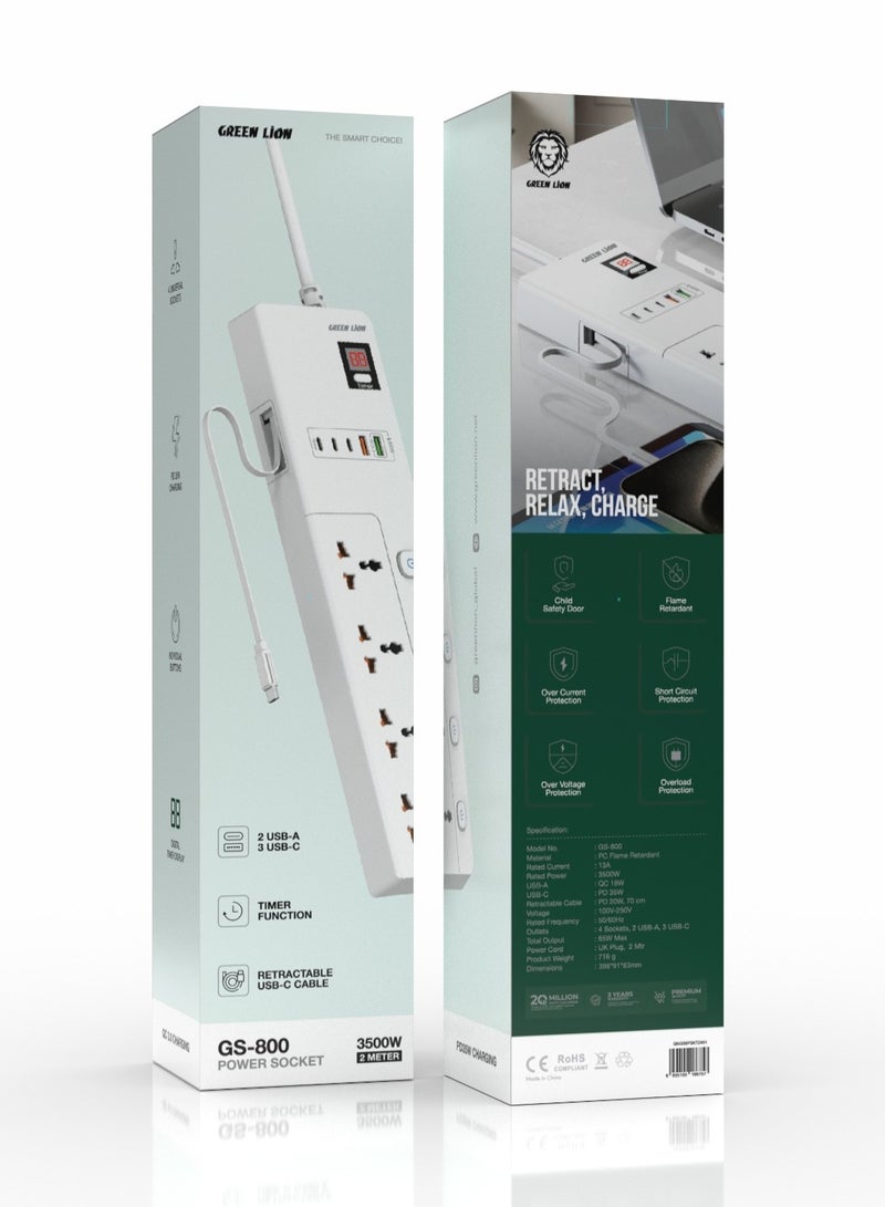 GREEN LION GS-800 Power Socket 2M 3500W with Retractable USB-C Cable / 4 Universal Sockets/ 2 USB-A/ 3 USB-C / UK Plug / Digital Timer Display/ Safeguard / Child Safety Door / Safe Power Strip - White - Image 2