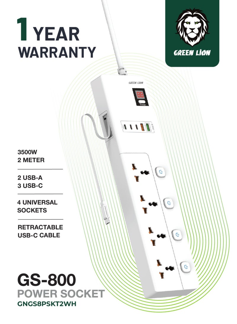 GREEN LION GS-800 Power Socket 2M 3500W with Retractable USB-C Cable / 4 Universal Sockets/ 2 USB-A/ 3 USB-C / UK Plug / Digital Timer Display/ Safeguard / Child Safety Door / Safe Power Strip - White - Image 1