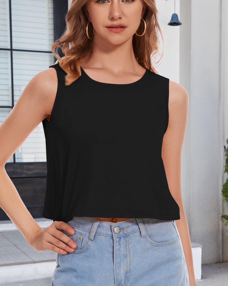 rosemia Crop Tops for Women Tank Summer Casual Sleeveless Loose Fit Basic Shirts, Solid Black, M - Image 4
