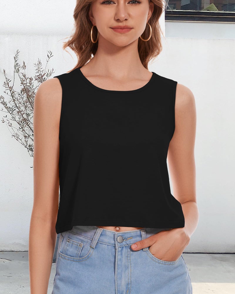 rosemia Crop Tops for Women Tank Summer Casual Sleeveless Loose Fit Basic Shirts, Solid Black, M - Image 5