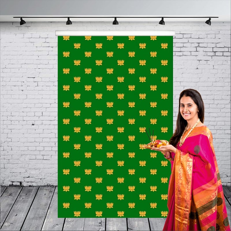 Party Baazaar Green Backdrop Cloth for Decoration | Puja Background Decoration Cloth | Traditional Backdrop (Pack of 1, Multicolor, Size: 8x5 Feet) - Image 1