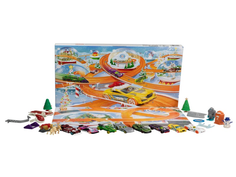 Hot Wheels سيارات هوت ويلز، تقويم عيد الميلاد 2024، 8 سيارات هوت ويلز مقياس 1:64، 16 ملحقات ذات طابع شتوي خلف 24 باب مرقم وسجادة لعب - Image 1