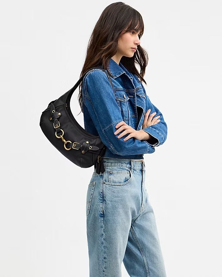 Women's Genuine Leather Crescent Shoulder Bag - Vintage Underarm Hobo Bag with Metal Buckle Detail - Image 1