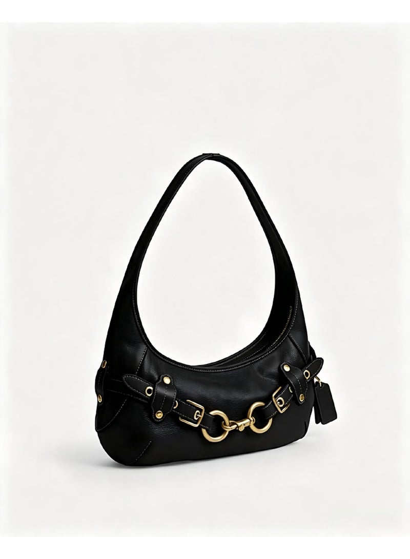 Women's Genuine Leather Crescent Shoulder Bag - Vintage Underarm Hobo Bag with Metal Buckle Detail - Image 4