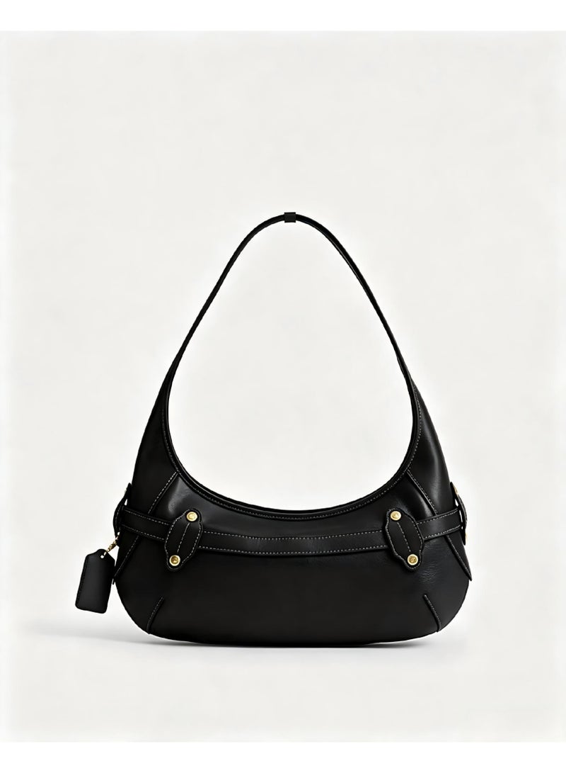Women's Genuine Leather Crescent Shoulder Bag - Vintage Underarm Hobo Bag with Metal Buckle Detail - Image 3