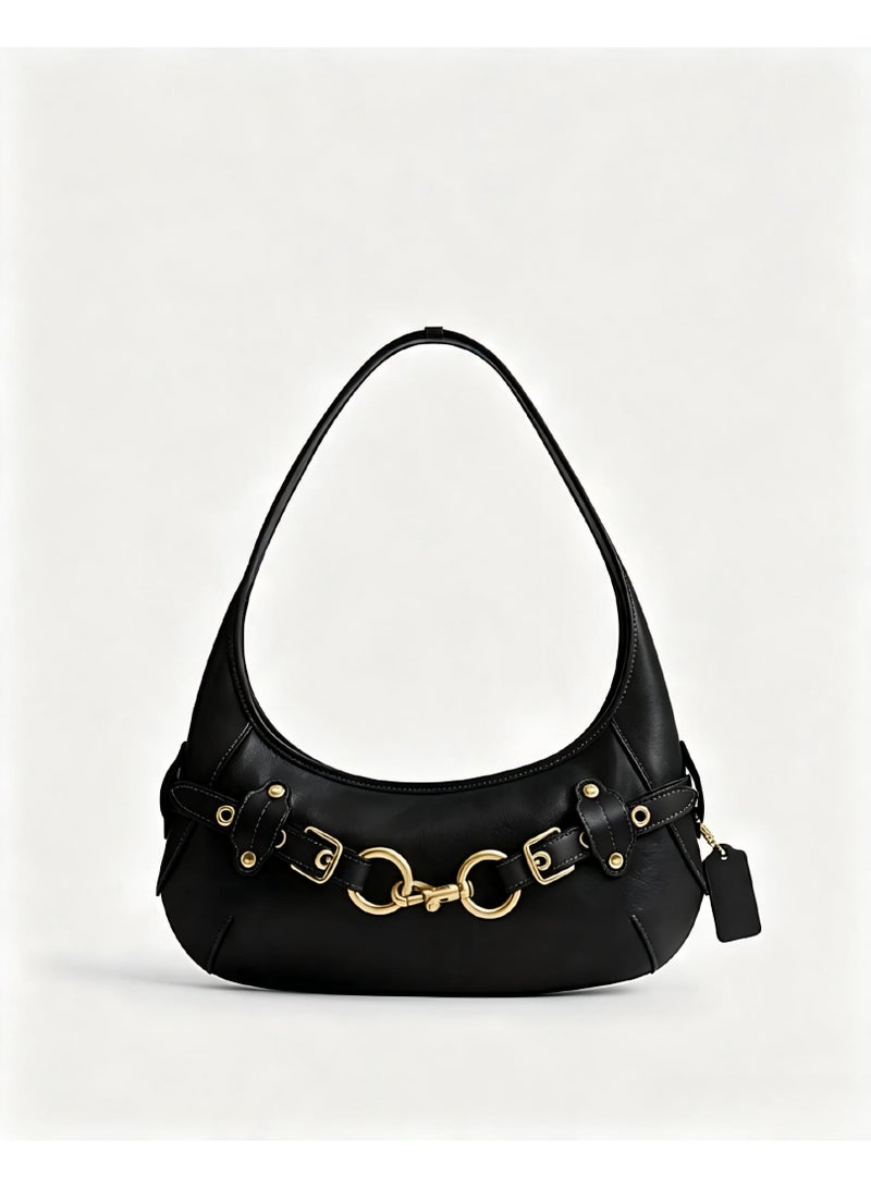 Women's Genuine Leather Crescent Shoulder Bag - Vintage Underarm Hobo Bag with Metal Buckle Detail - Image 2