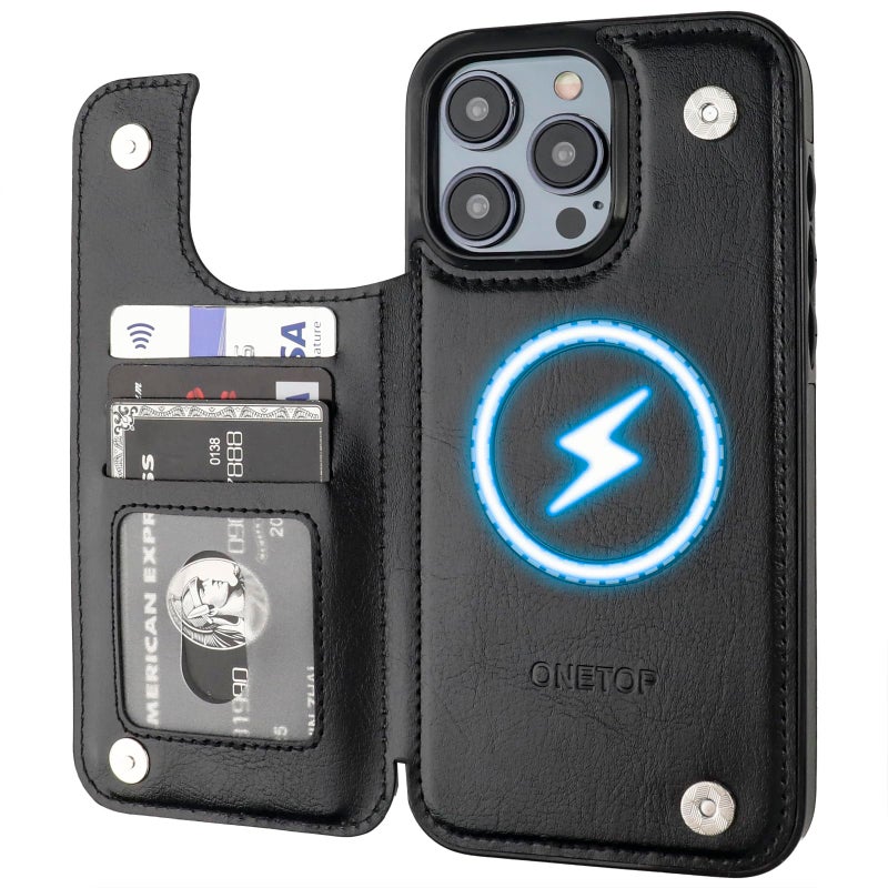 OT ONETOP ONETOP Compatible with Magsafe for iPhone 15 Pro Max Wallet Case with Card Holder, PU Leather Kickstand RFID Blocking Case, Double Magnetic Clasp and Durable Shockproof Cover 6.7 Inch (Black) - Image 1