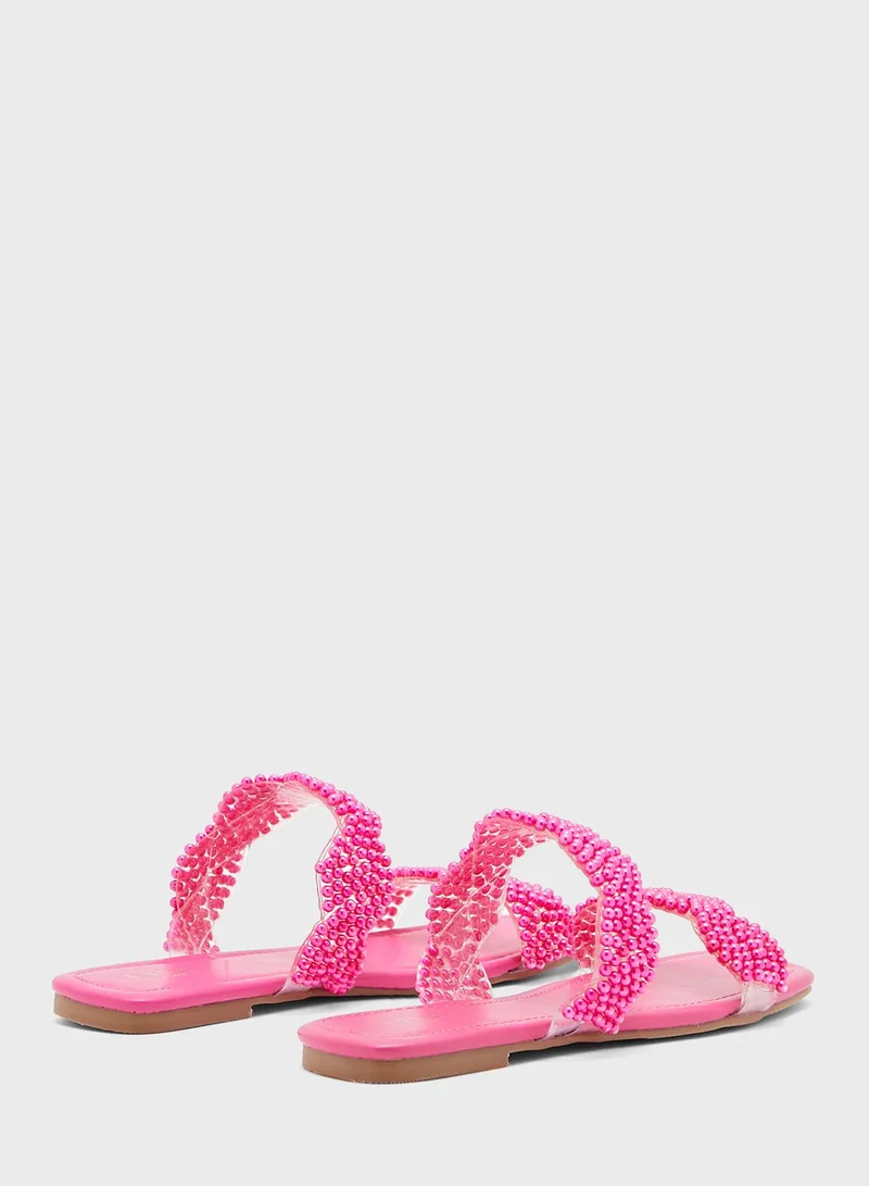 ELLA Beaded Plaited Double Strap Flat Sandal