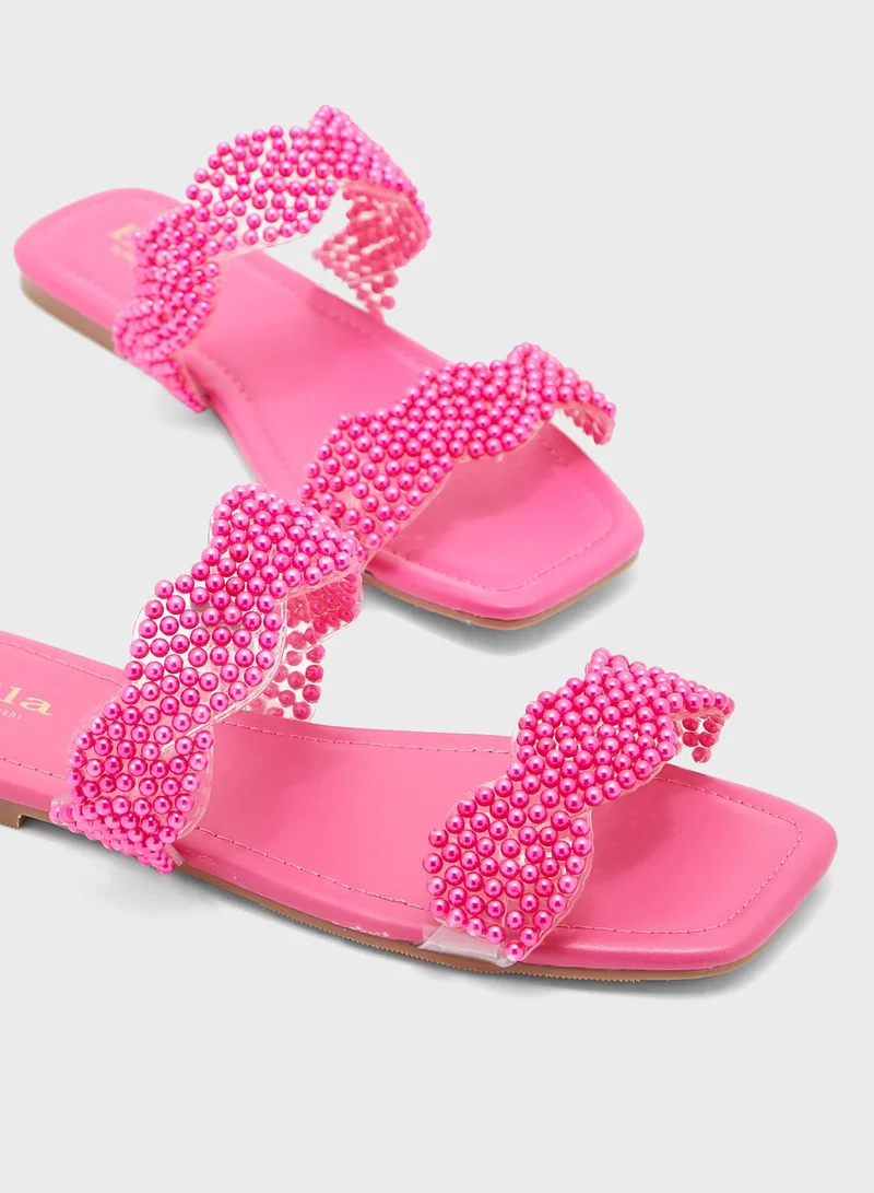 ELLA Beaded Plaited Double Strap Flat Sandal