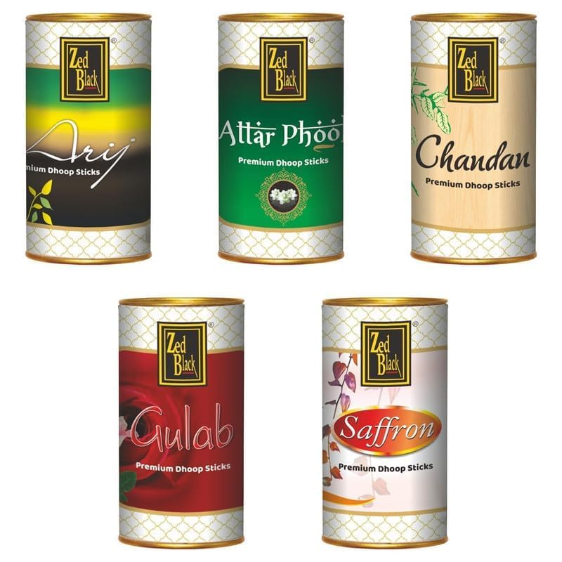 Zed Black Aroma Chandan, Gulab, Arij, Attar Phool and Saffron Incense Dhoop Sticks Tin - Combo of 5 (100 Gm Each) - Image 2