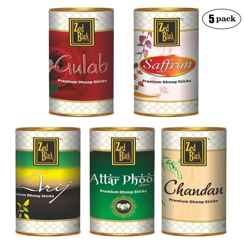 Zed Black Aroma Chandan, Gulab, Arij, Attar Phool and Saffron Incense Dhoop Sticks Tin - Combo of 5 (100 Gm Each) - Image 3