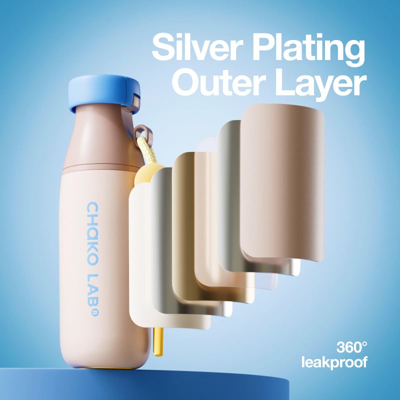 CHAKO LAB Ceramic Insulated Stainless Steel Water Bottle with Two Strap | BPA-Free Leak Proof | 17oz Bottle with Spout Lid & Straw | Tiramisu - Image 4