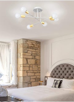 Alruht Chandelier, Modern Ceiling Lighting, 6 Lights E27 Adjustable Industrial Mount Pendant Light Fixture for Kitchen, Living Room , Dining Room, Bedroom Foyer, White Gold, Bulbs Not Included  - Image 3