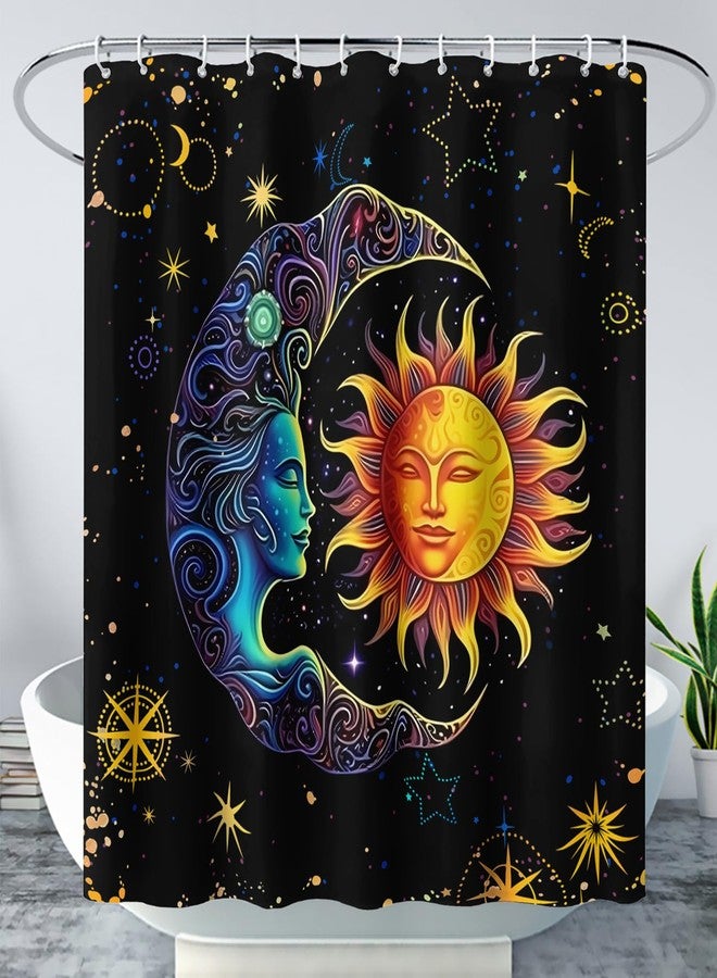 AILONEN Sun and Moon Shower Curtain,Space Galaxy Boho Exotic Sun and Moon Bath Curtain,Celestial Starry Moon Smiles Decoration Waterproof 48" W x 72" H Curtain for Boys Girls,with 12 Plastic Hooks - Image 1