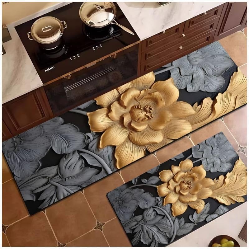 PIHARVA حصيرة باب الحمام مربعة 40x60+40x120 سم – حصيرة قدم مضادة للانزلاق ماصة للماء للمنزل، المطبخ، الدش، المدخل – قاعدة مطاطية سريعة الجفاف – سجادة أرضية ناعمة – متعددة الألوان (زهري أسود) - Image 2